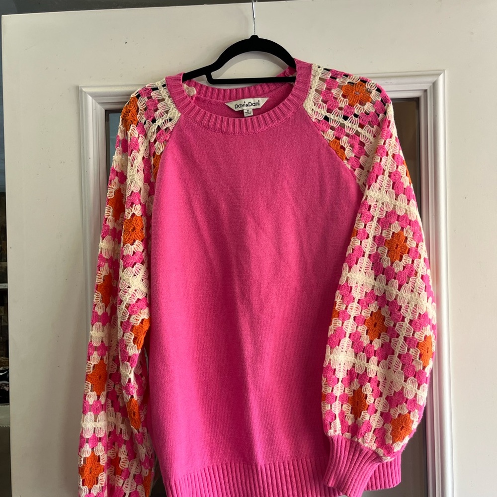 Davi & Dani Pink Sweater with Crochet Sleeves